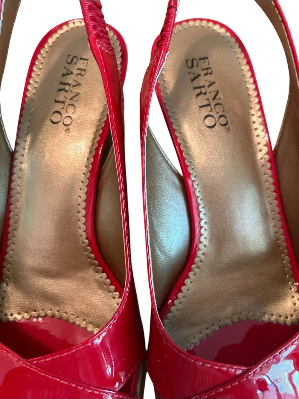 Franco Sarto Slim Wedge Red Patent Slingback Peep-toe Sculptural Heel 8 1/2